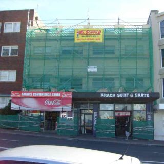 mr scaffold hoarding on scaffold above sidewalk canopy